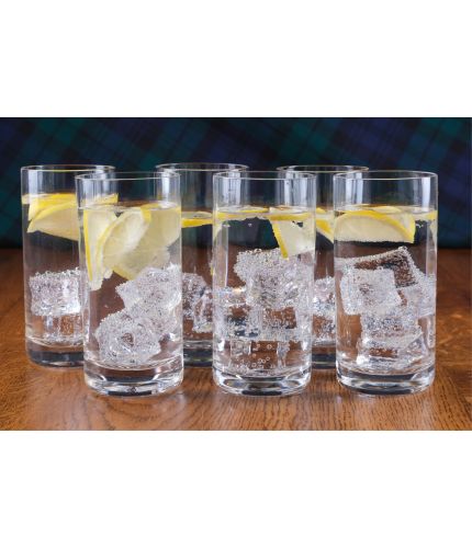 A set of six crystal Highball tumblers in a plian contemporary style.We offer a full engraving service for these glasses 