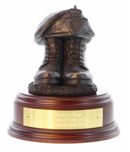 Welsh Guards Boots and Beret, cast in cold resin bronze and mounted on a wooden base. Includes a personalised brass engraved plate if required.