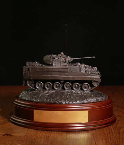British Army Warrior Infantry Fighting Vehicle in the cold cast bronze finish. We mount it on a choice of wooden base and you can include your own free badge of choice. Engraving is included as well