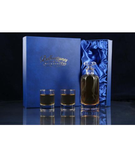 A Wee Dram Set consisting of two mini dram glasses and small glass decanter. We offer free engraving in the front panels of each piece of glass and the set is completed inside a dark blue satin lined presentation box.