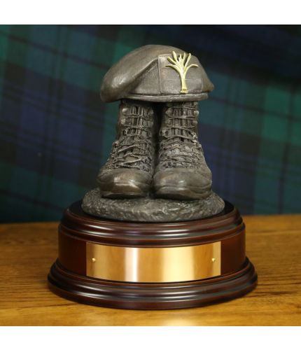 Welsh Guards Drill Boots and Beret, cast in cold resin bronze and we offer this Boots and Beret on a choice of presentation bases, the BB2, BB3 and BB4 have room to add an engraved plate.