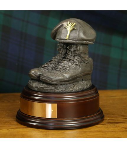 Welsh Guards Tactical Boots and Beret, cast in cold resin bronze and we offer this Boots and Beret on a choice of presentation bases, the BD2, BD3 and BD4 have room to add an engraved plate.
