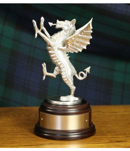 Royal Welsh Pewter Welsh Dragon Rampant. Mounted here on either a mahogany or standard wooden base. We include and engraved nickel silver plate.