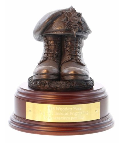 Ulster Defence Regiment Boots and Beret, cast in cold resin bronze and mounted on a wooden base. Includes a personalised brass engraved plate if required.
