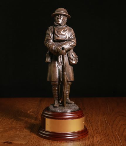 The 8" scale statuette depicts a Tommy of the British Army during WW1 and is made in cold cast bronze. We offer a choice of Wooden bases and free engraving