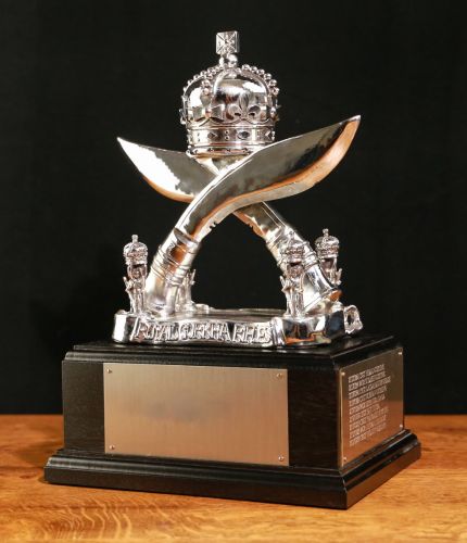 A 3D sculture of the Royal Gurkha Rifles Cap Badge. We've added a small Queen's Truncheon to each corner. There's a choice of fininsh, base and we add free engraving is added on the order