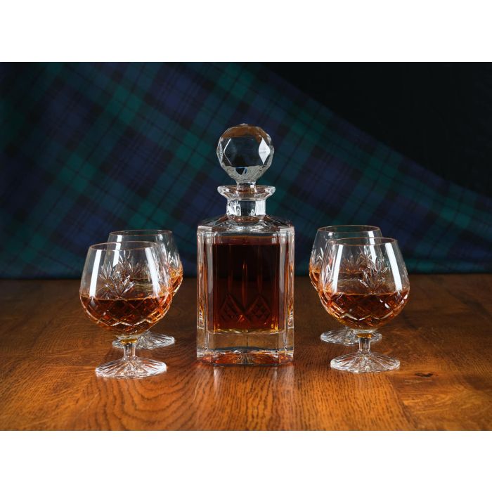 Engraved Crystal Decanter And Four Brandy Goblet Gift Boxed Set